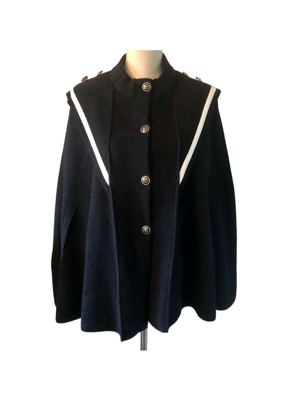 Black Knit Military Style Cape White Faux Leather Trim Vintage Style size small